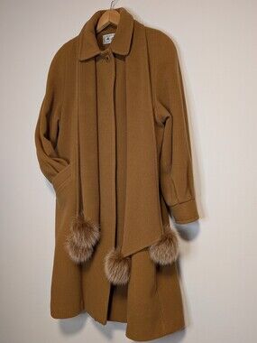 Vintage Canadian Made Wool Camel Coat with Pom Pom Scarf